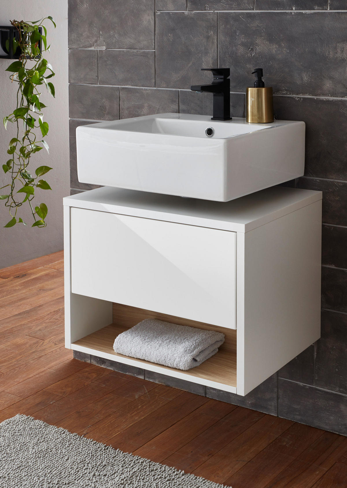 WASCHBECKENUNTERSCHRANK weiß Hochglanz, Eiche 60 cm, Bad Unterschrank mit Push-to-Open - Weiß Hochglanz, Holzwerkstoff (60/44/46cm) - Furn.Design