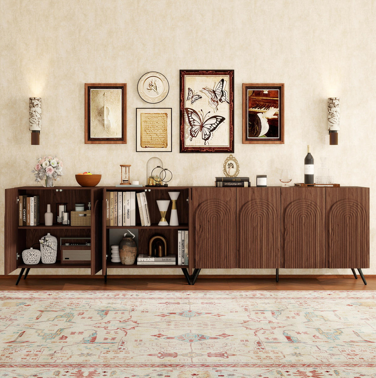 SIDEBOARD mit 4 Türen, verstellbaren Einlegeböden, 3D-Rillen und Magnetverschluss, Walnussbraun - Walnussfarben, Holzwerkstoff (150/83/38cm) - Redom
