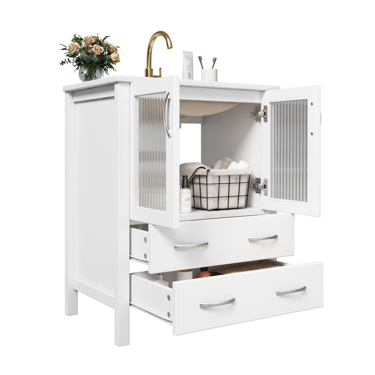 BADEZIMMERSCHRANK Hochglanz Weiß Keramik Waschbecken Glas Türen 61cm - Weiß, Keramik (61/86/47cm) - FLIEKS
