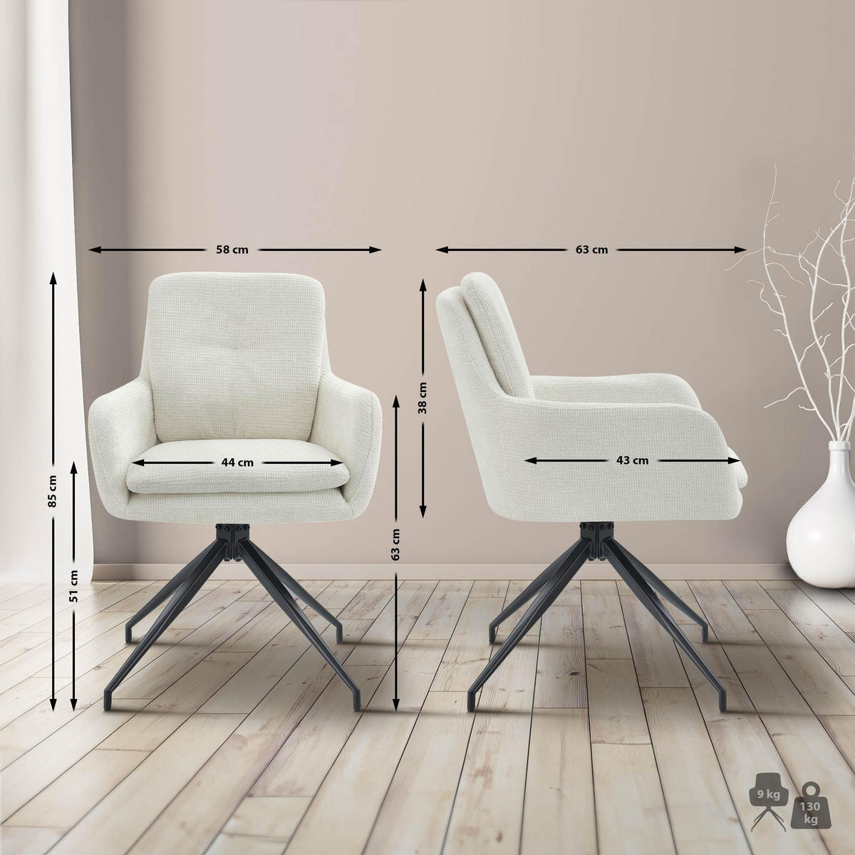 ESSZIMMERSTUHL 2er Set Halberg Stoff creme - Schwarz/Naturfarben, Textil/Metall (58/85/63cm) - TPFLiving