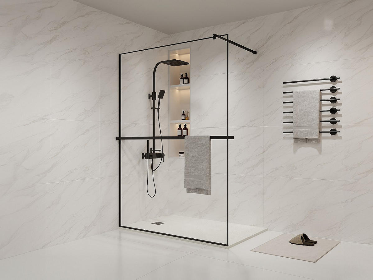 DUSCHWAND für begehbare Duschen mit Handtuchhalter & Ablage - 140 x 200 cm - Schwarz matt - BONPERO - Schwarz, Metall (140/200cm) - Vente-Unique