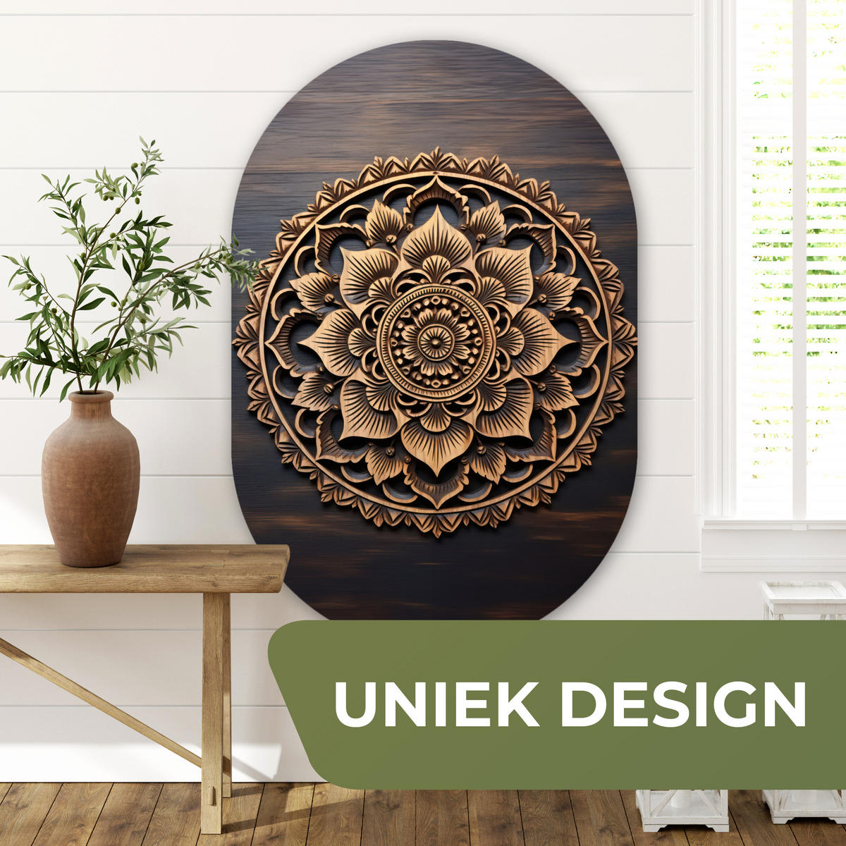 WANDBILD Mandala - Holz - Blumen - Braun Deko Groß 80x120 cm - Gelb, Kunststoff (80/120cm) - MuchoWow