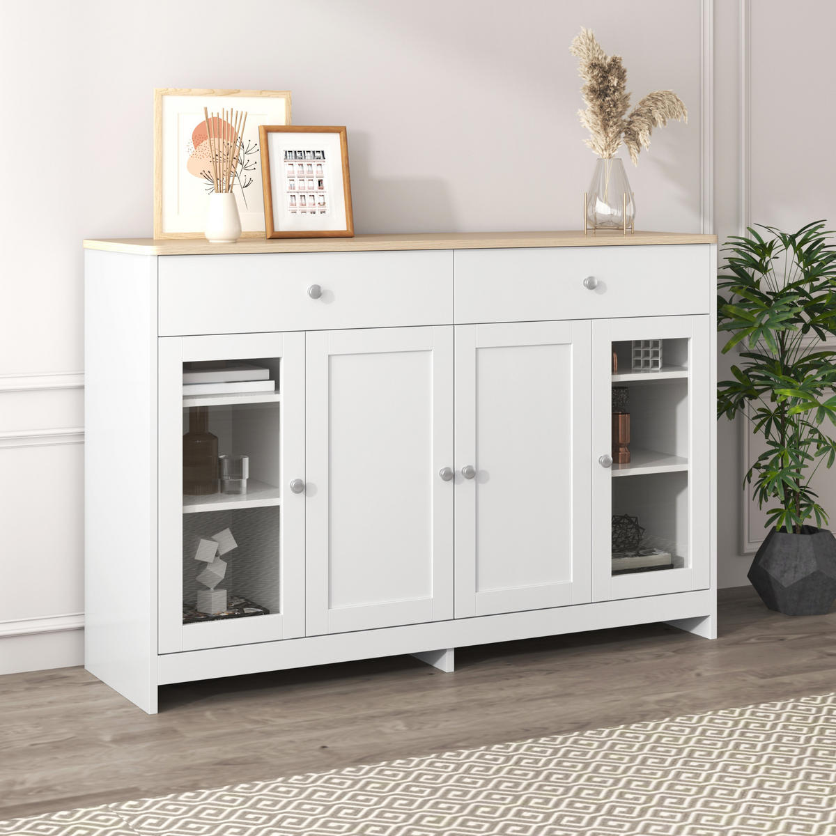 SIDEBOARD in Naturfarben und Weiß Kommode mit Glastüren für Wohnzimmer und Esszimmer, B120/T37/H80 cm - Weiß/Naturfarben, Glas/Holzwerkstoff (120/80/37cm) - STILVORA
