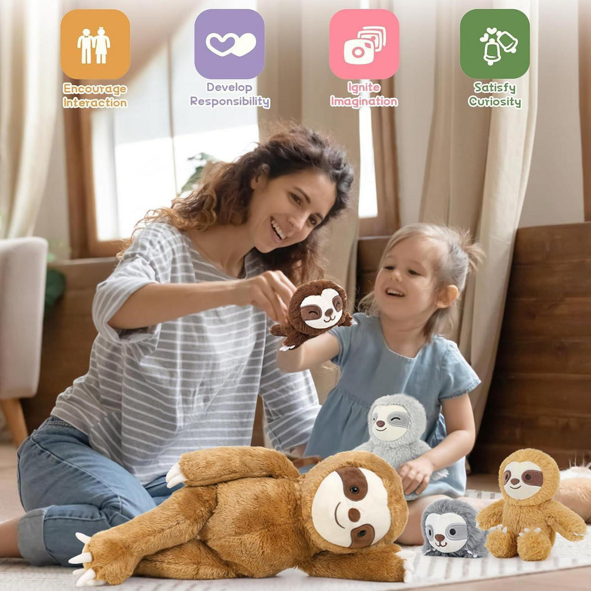 STOFFTIER 5-teiliges Set Faultier mit Babys 56cm - Multicolor, Textil (35/56cm)