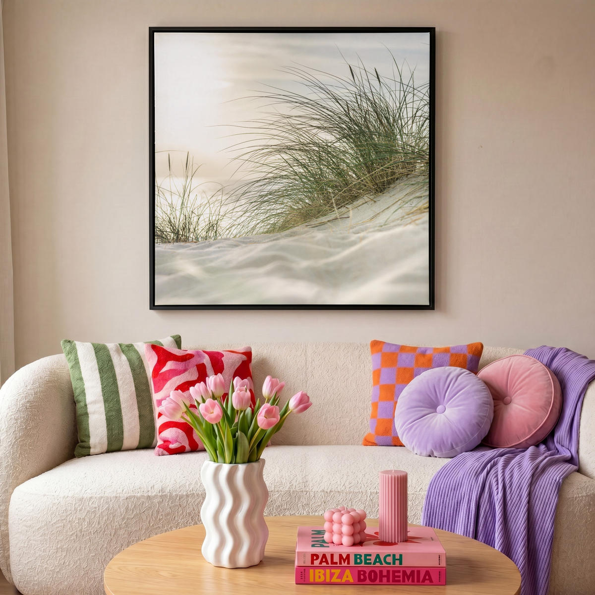 LEINWAND Bilder mit Rahmen - Dünen mit Strandhafer in der Sonne des Nationalparks Schleswig-Holsteinisches Wattenmeer - 90x90 - Creme, Textil (90/90cm) - MuchoWow