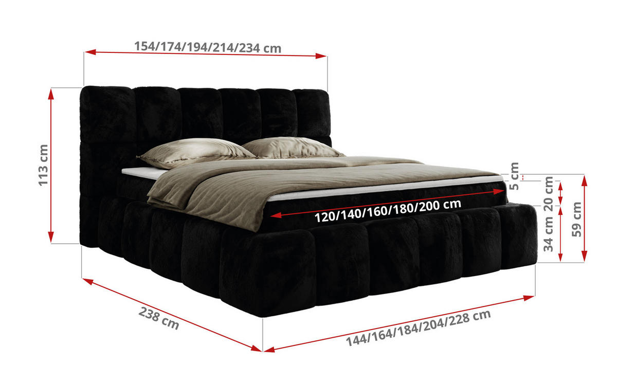 BOXBETT NIRA 200/200 - Schwarz Plüsch - H4 - Schwarz, Holz/Textil (200/200cm) - MKS