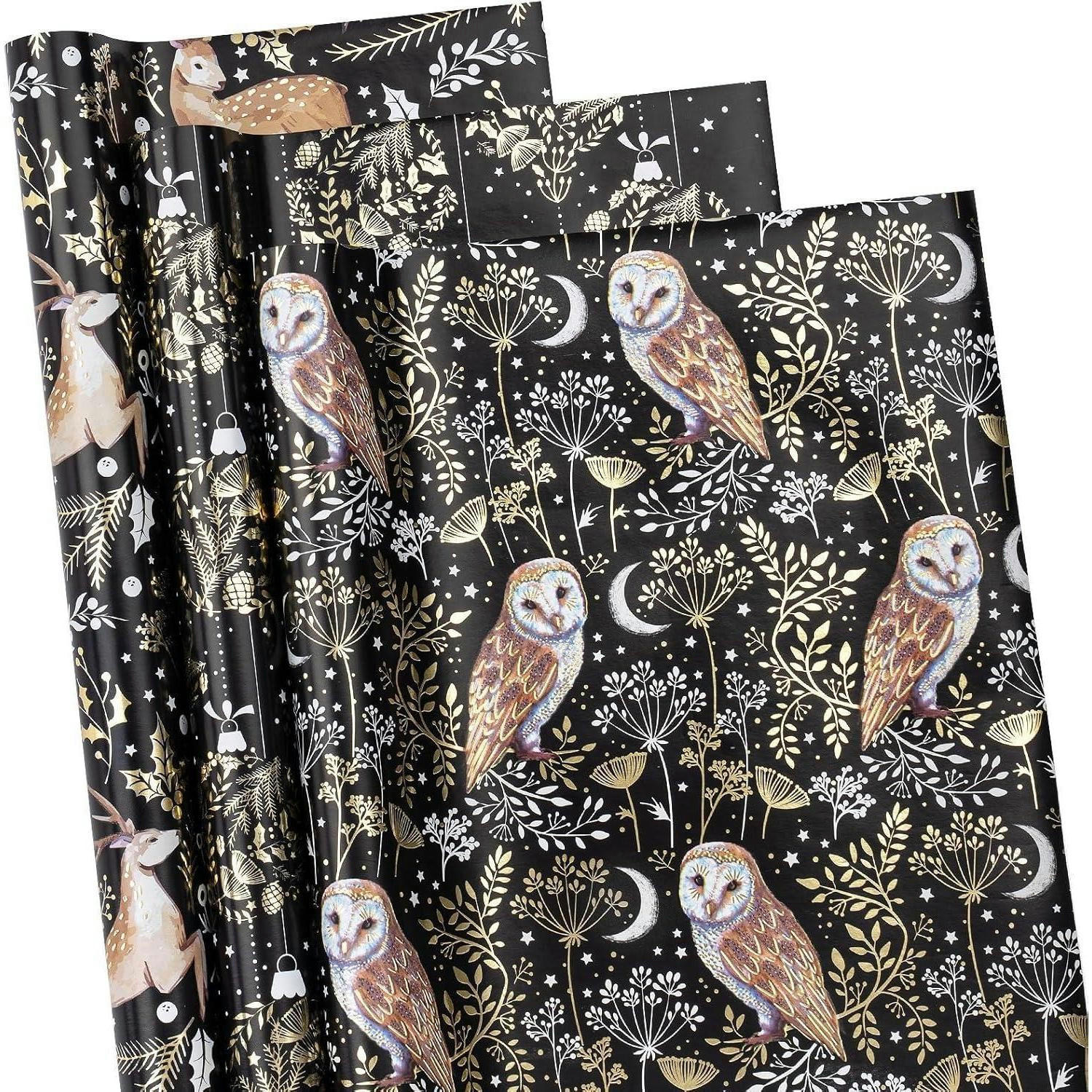 GESCHENKPAPIER 3-teiliges Set mit Eulen- und Rentier-Motiv - Multicolor, Papier (4/44/10cm)