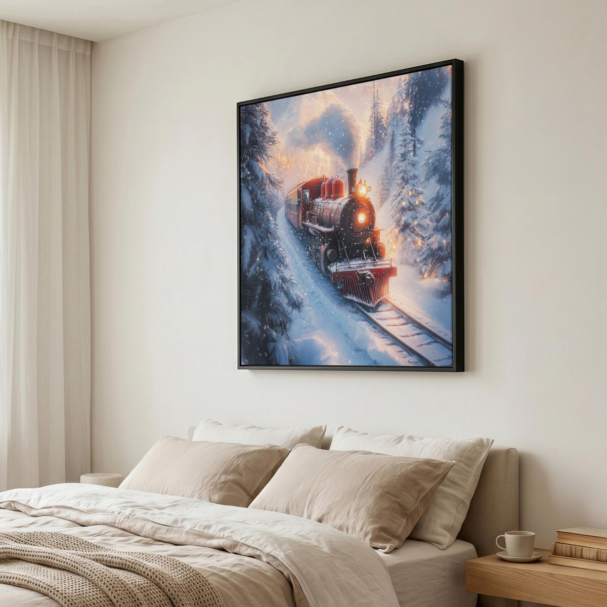 LEINWAND Bilder mit Rahmen - Weihnachtszug - Schnee - Winter - Weihnachten - 90x90 - Dunkelrot, Textil (90/90cm) - MuchoWow