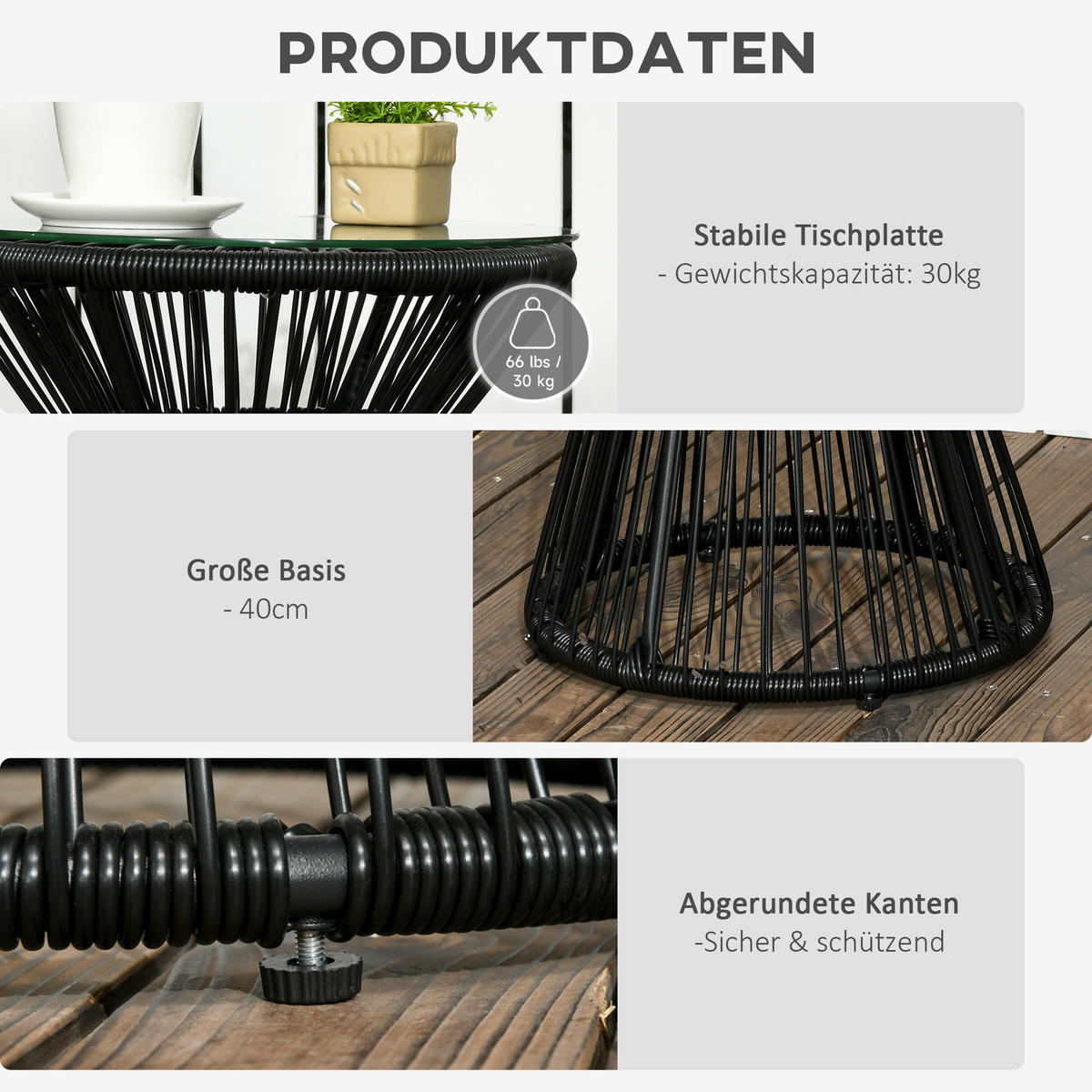 BALKONTISCH, Schwarz, Eisen, PE-Rattan, Glas - Schwarz, Kunststoff (40/40/42cm) - Outsunny