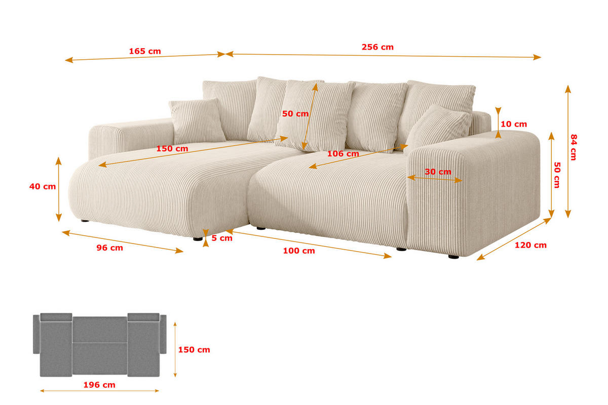 ECKSOFA mit Schlaffunktion und Bettkasten ESKAR-L 256x165x84cm Beige Cord - Beige/Schwarz, Holzwerkstoff/Kunststoff (256/165cm) - ALTDECOR