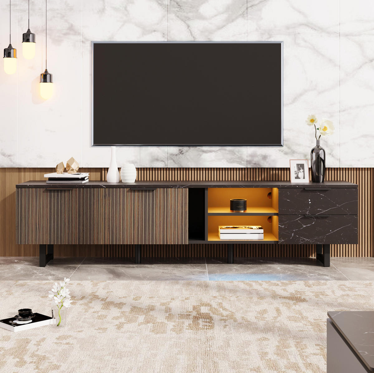 LOWBOARD 200/38/50 cm aus MDF mit LED-Beleuchtung und 15 cm Bodenfreiheit Schwarz (Marmoroptik) - Schwarz, Holzwerkstoff (200/50/38cm) - Modenvie