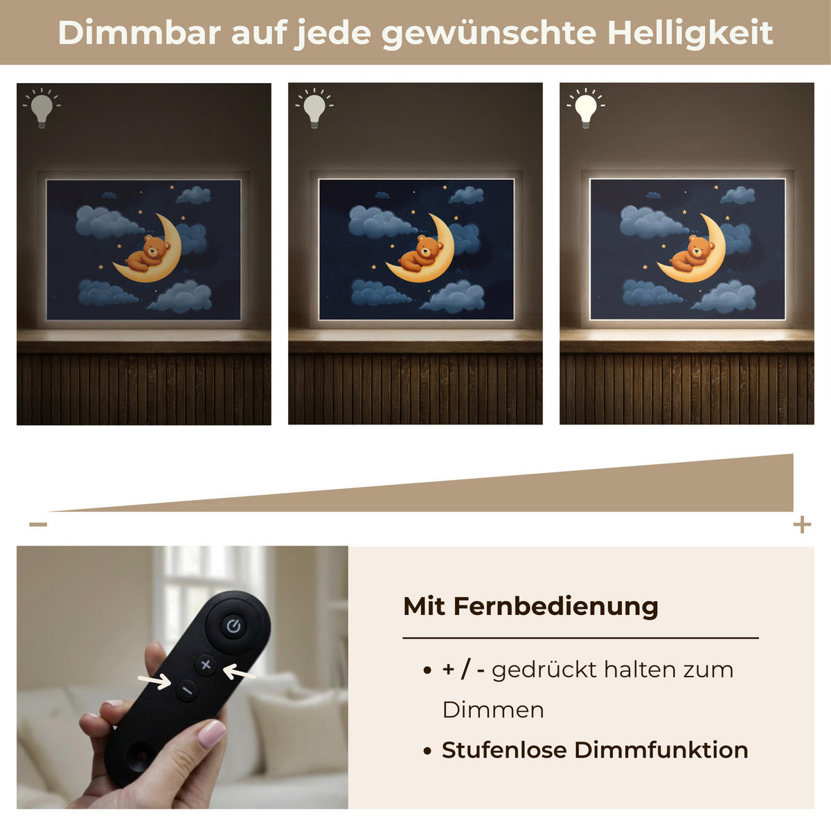 NÁSTĚNNÁ LAMPA S AKUMULÁTOREM Medvídek - Měsíc - Mraky - Hvězdy 40x30 cm - tmavě modrá, kompozitní dřevo (40/30/8cm) - OnlyWow