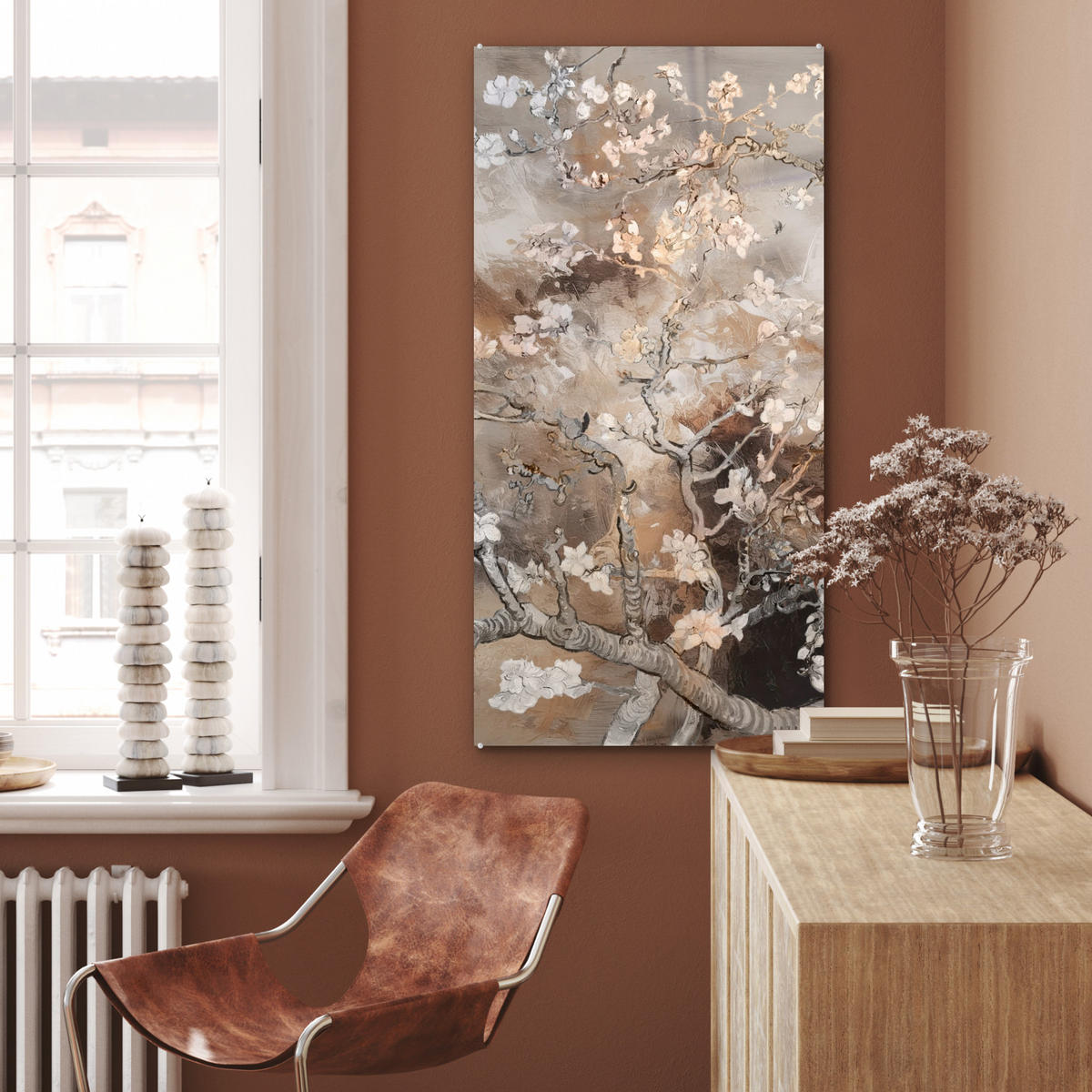 ACRYLGLASBILD Mandelblüte - Kunst - Van Gogh - Beige - Abstrakt 60x120 cm - Braun, Glas (60/120cm) - MuchoWow