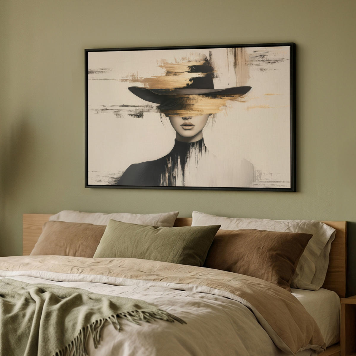 LEINWAND Bilder mit Rahmen - Frau - Hut - Farbe - 90x60 - Goldfarben, Textil (90/60cm) - MuchoWow
