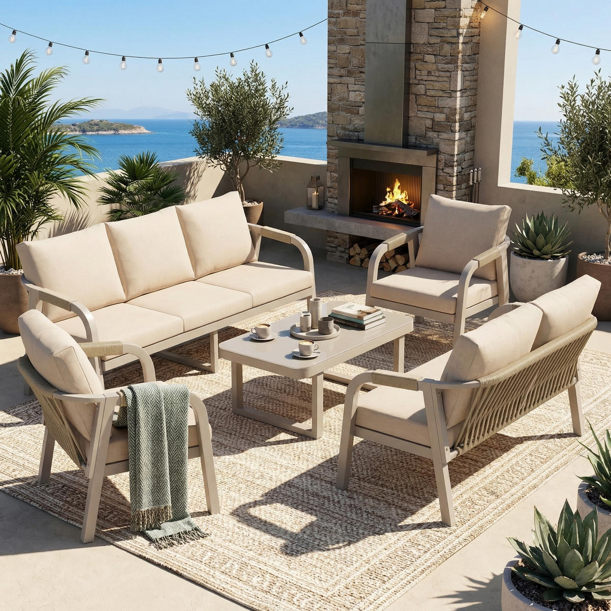 GARTENLOUNGE-SET 7 Personen 3-Sitzer 2-Sitzer Sessel Beige - Beige, Textil - FLIEKS