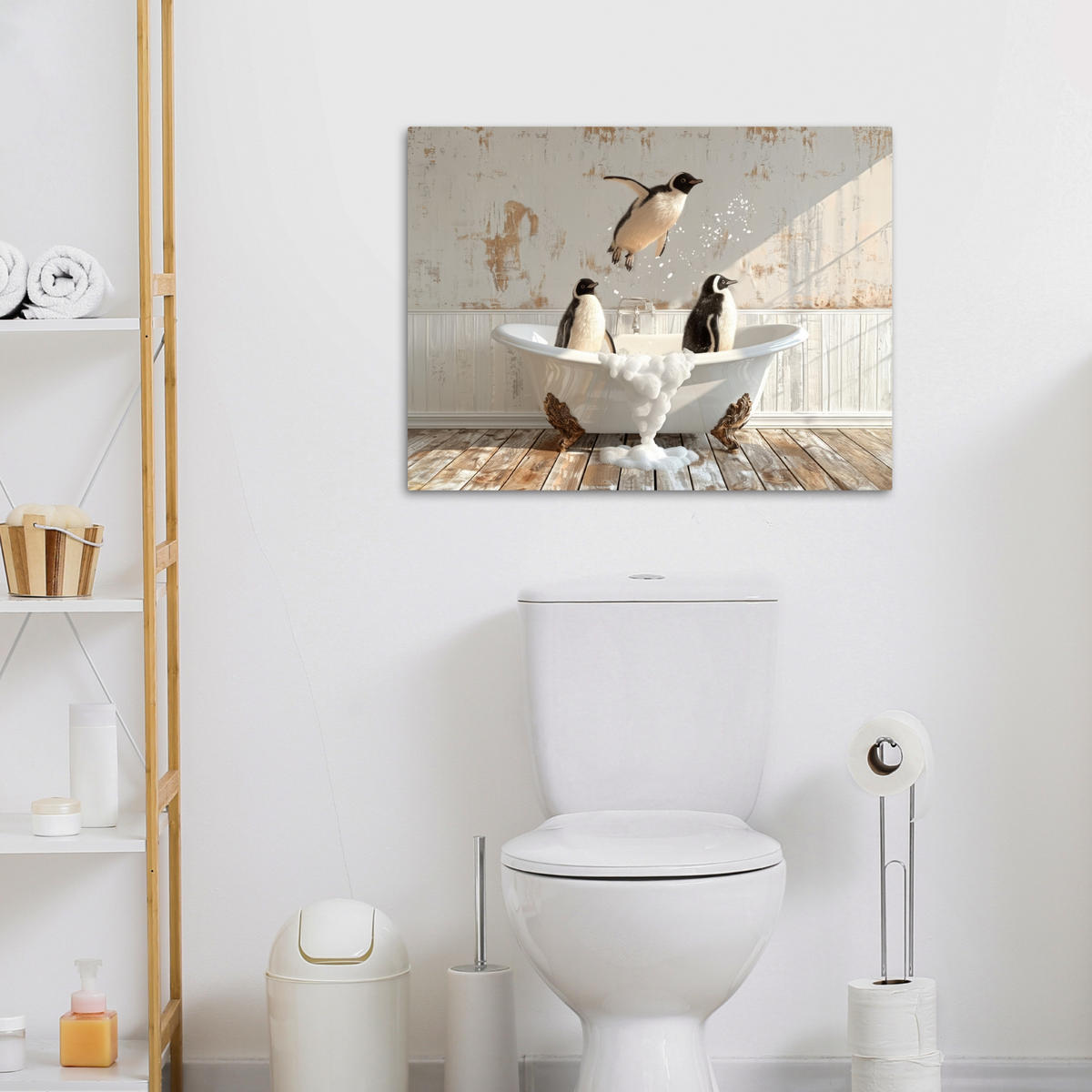 LEINWANDBILD Vintage - Pinguin - Badewanne - Schaumstoff 70x50 cm - Schwarz, Textil (70/50cm) - MuchoWow