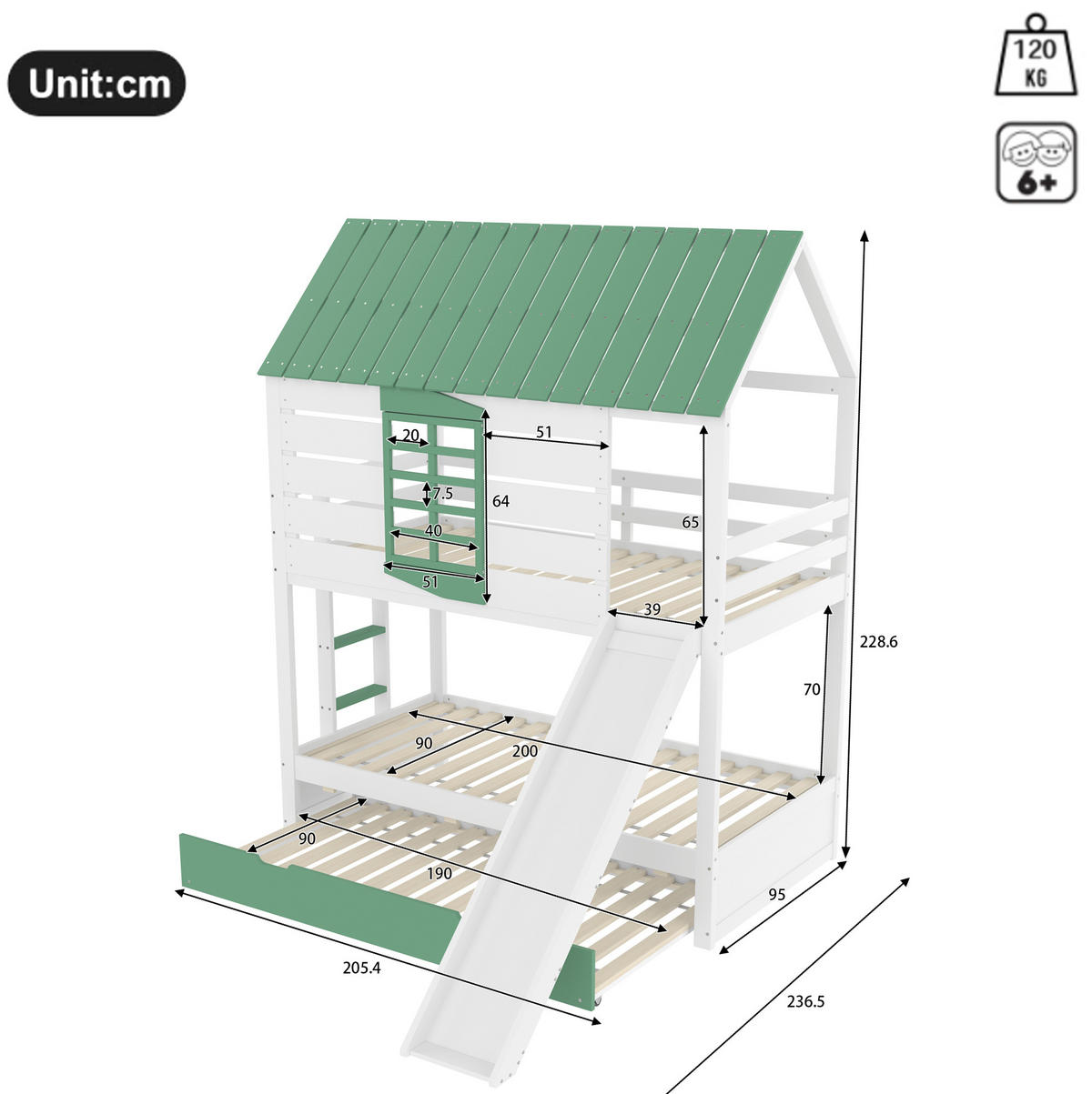 ETAGENBETT 90/200 cm in Weiß/Grün mit Rutsche und Ausziehbett - Weiß, Holzwerkstoff (90/200cm) - OKMYHOME