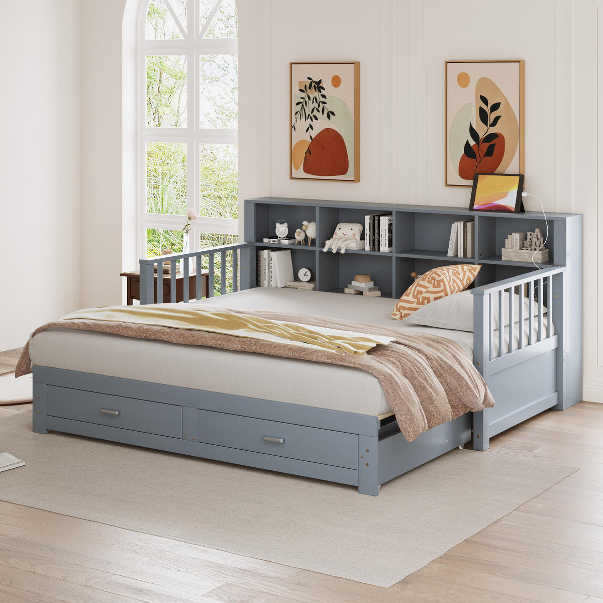 MULTIFUNKTIONSBETT 90/190 cm grau aus Holz mit Ausziehfunktion und Steckdose - Grau, Holzwerkstoff (90/190cm) - OKWISH