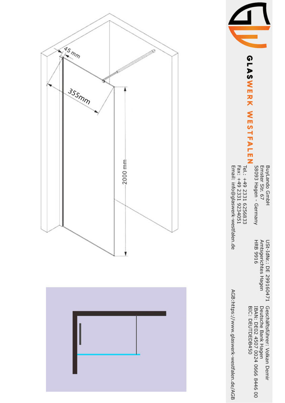 WALK-IN-DUSCHWAND 40 × 200 cm – ESG-Sicherheitsglas – Gold - Goldfarben, Glas (10/40/200cm) -  Glaswerk Westfalen