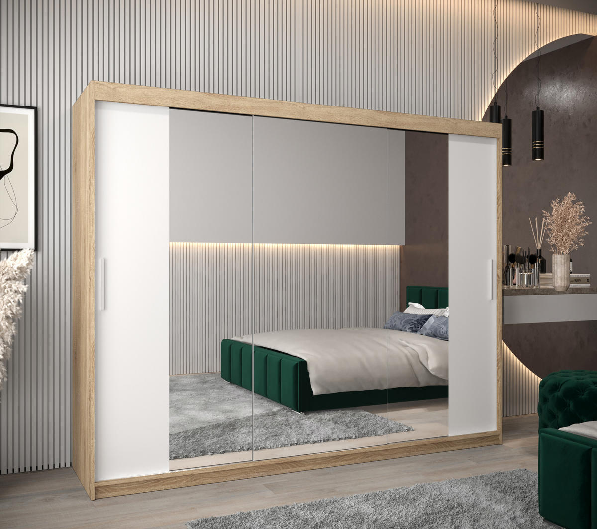 SCHWEBETÜRENSCHRANK 200/250/62 3-türig - Silberfarben/Weiß, Holz/Kunststoff (250/200/62cm) - Abiks Möbel