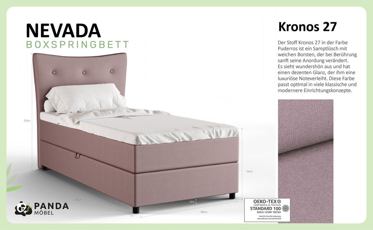 BOXBETT Nevada 100x200 cm Polsterbett mit hochwertiger Bonell-Matratze und Topper - rosa - Rosa, Holz (100/200cm) - Panda Möbel