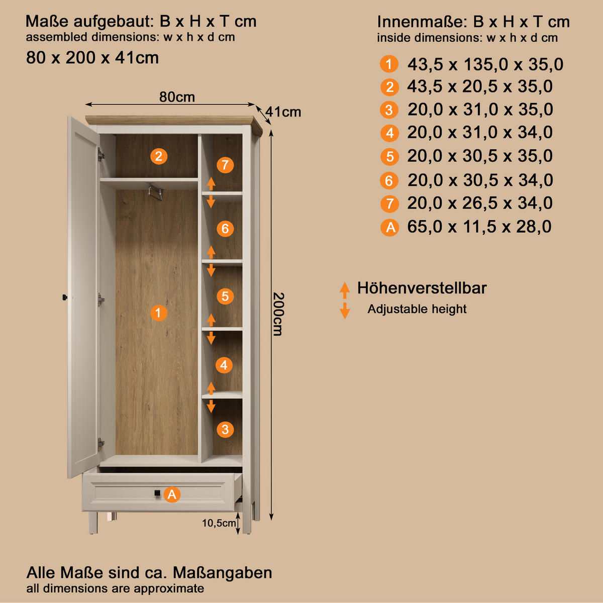 GARDEROBENSCHRANK Kaschmir, Stein Eiche Landhaus 80 x 200 cm, Garderobe mit Soft-Close - Kaschmir/Eichefarben, Holzwerkstoff/Kunststoff (80/200/41cm) - Top.Furn