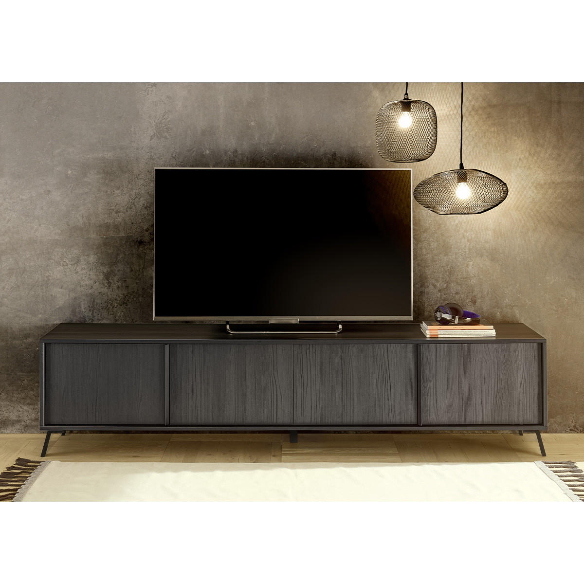 TV-MÖBEL mit 4 Türen L205 cm - City - Schwarz, Holzwerkstoff (40/48/8cm) - Calicosy