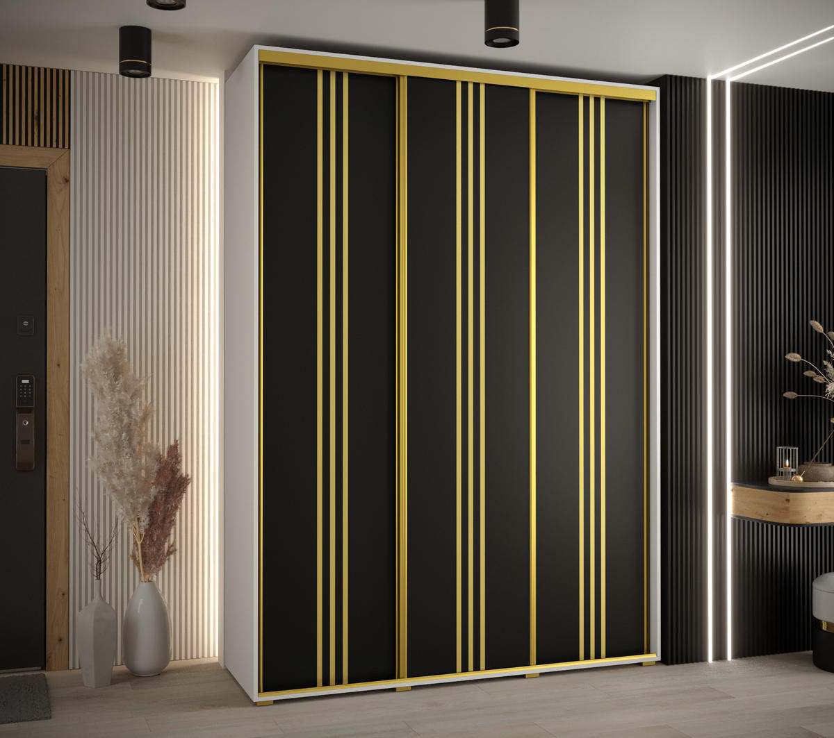 SCHWEBETÜRENSCHRANK 235,2/180/45 3-türig - Goldfarben/Schwarz, Holz/Metall (180/235/45cm) - Abiks Möbel