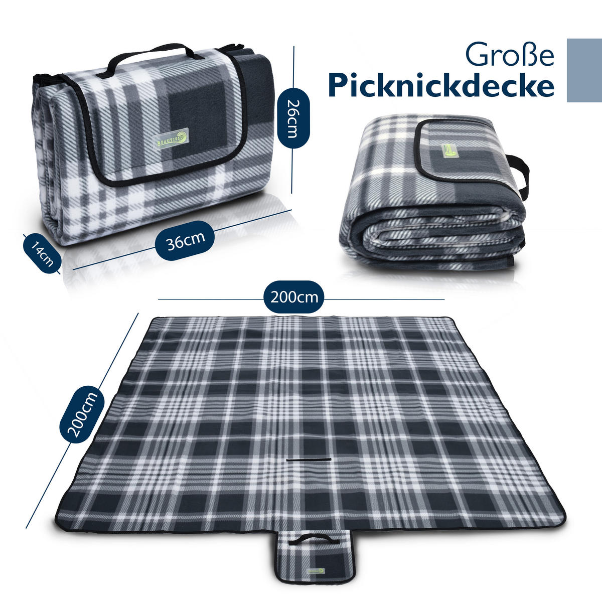 PICKNICKDECKE Bella KA 200x200cm Anthrazit-Kariert - Anthrazit, Textil (200/200cm) - Beautissu 