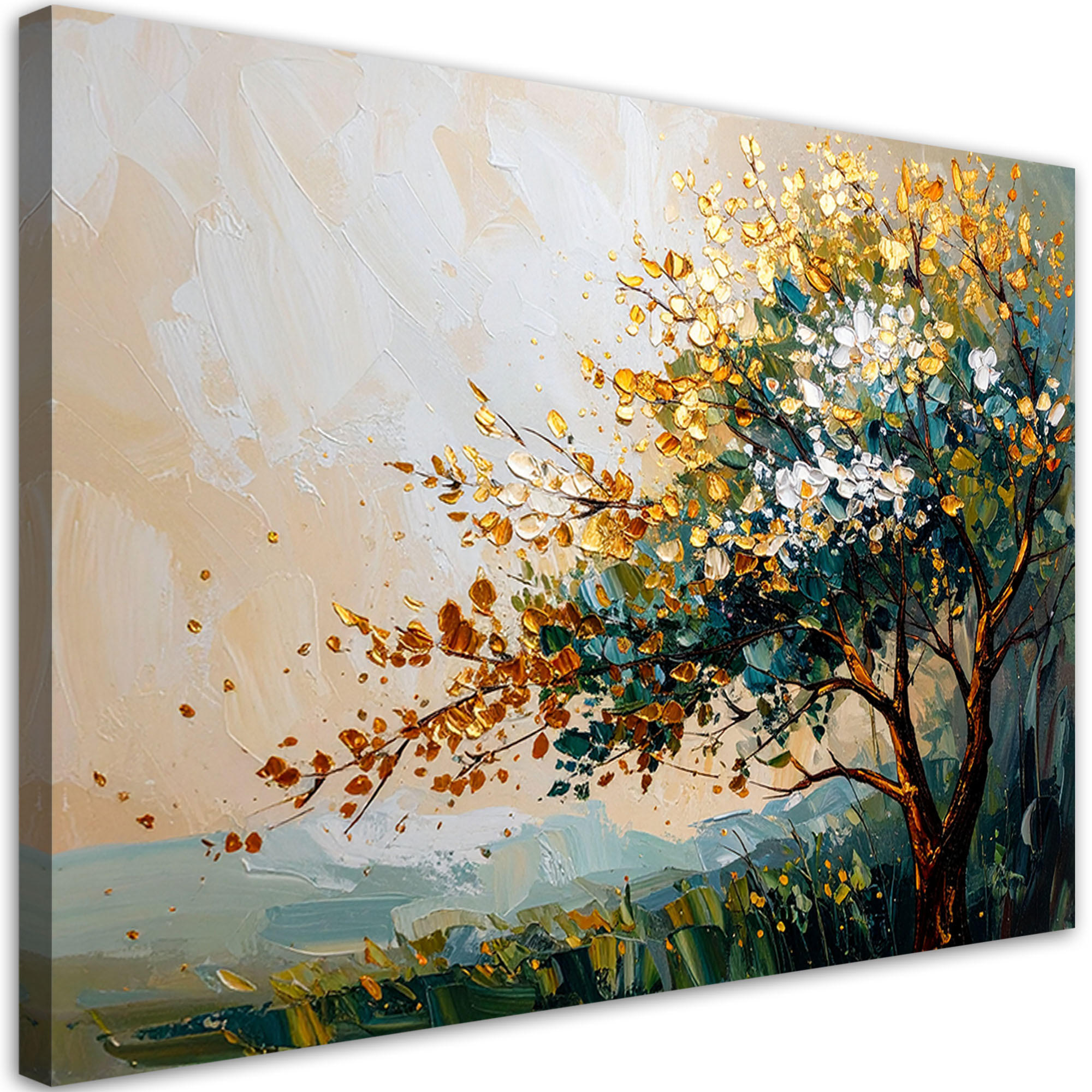 LEINWANDBILD Baumblätter Landschaft in Beige 90x60cm - Grün, Textil (90/60cm) - Feeby