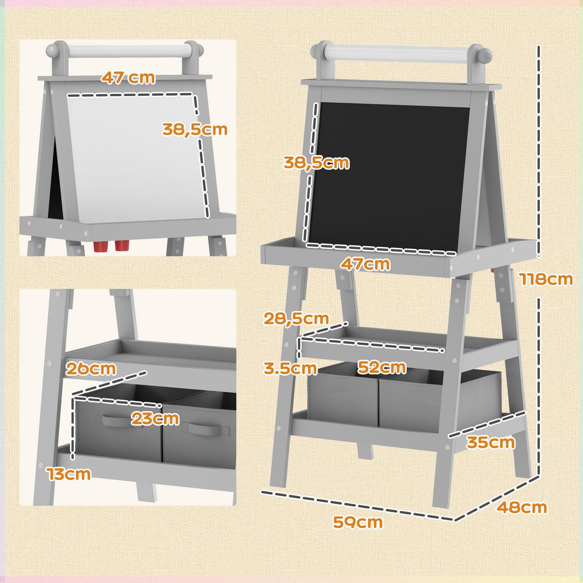 MALTAFEL DE-18186 3-in-1 mit Magnet- & Kreidetafel Grau - Grau, Holzwerkstoff (48/118/59cm) - ComfortXL