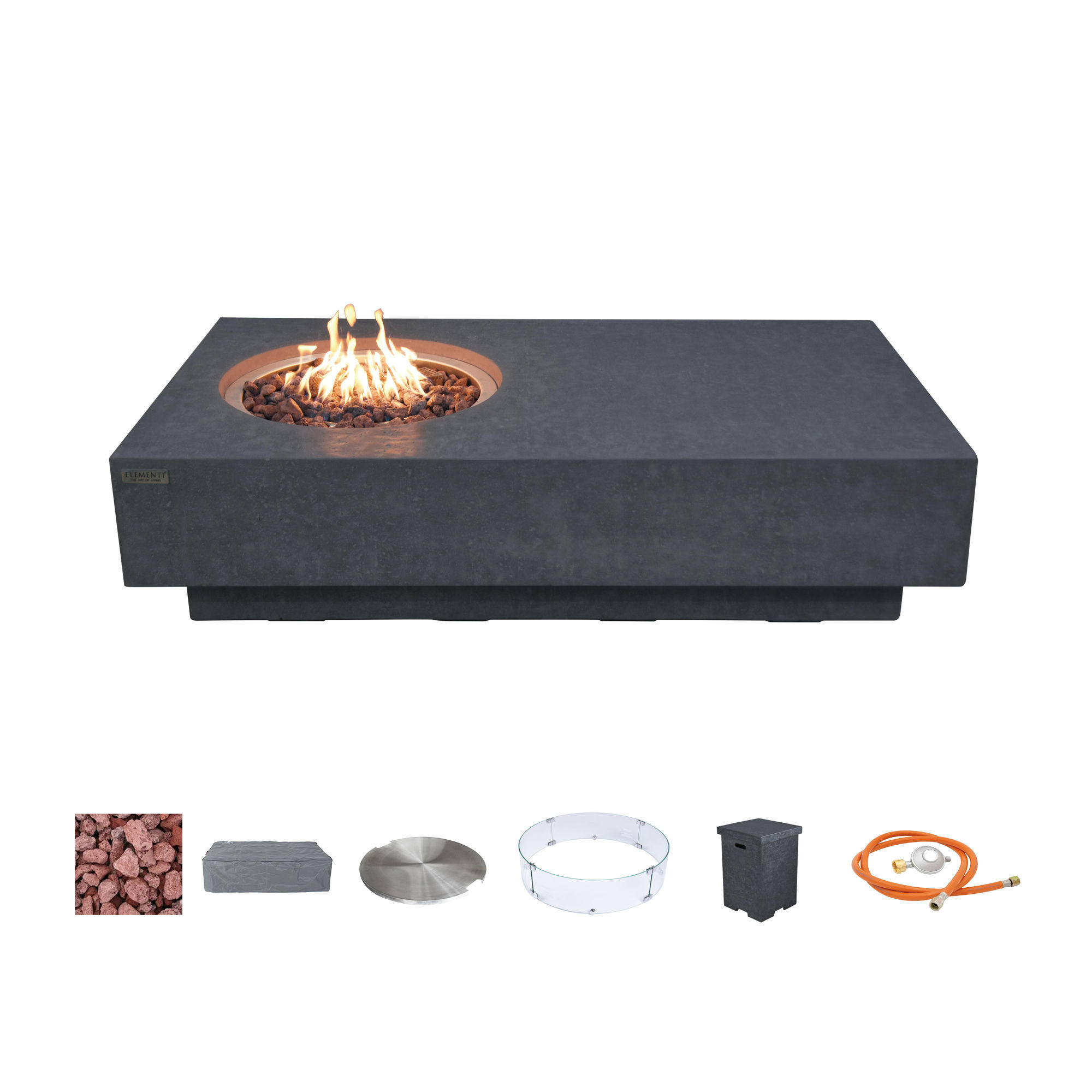 FEUERTISCH Metropolis Gasfeuerstelle aus GF-Beton - 4-tlg. Set inkl. Glasumrandung, Brennerabdeckung und Gasflaschen-Abdeckung - Dunkelgrau, Naturmaterialien (81/35/142cm) - Elementi