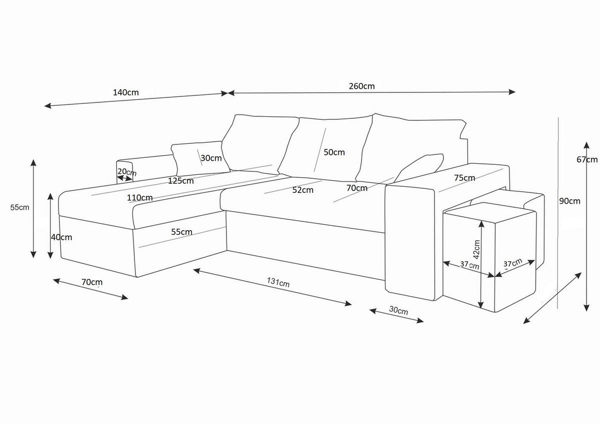 ECKSOFA Vegas mit Schlaffunktion und Ablagefläche + zwei Hocker - Grau, Textil (260/140cm) - SIMKAM Furniture