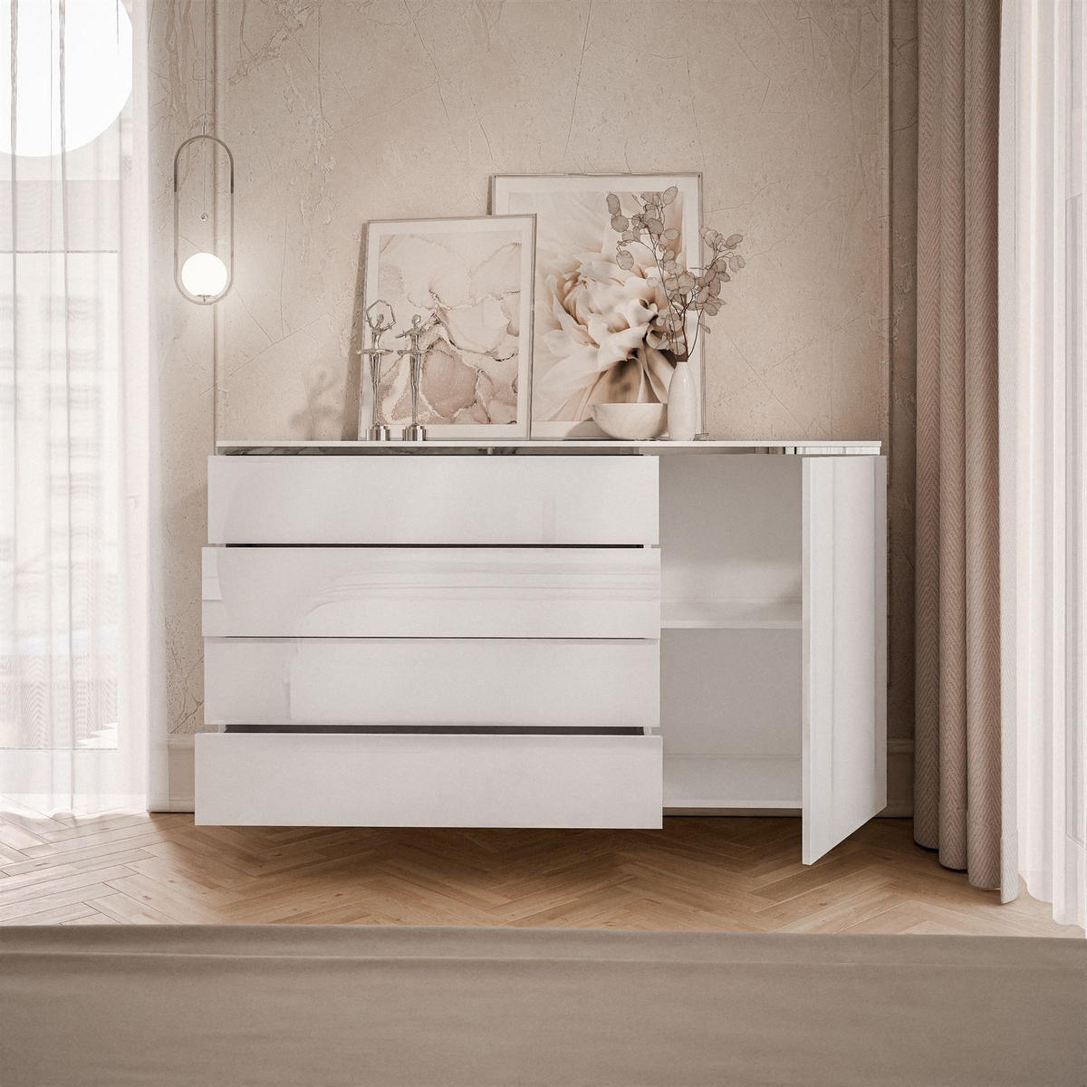 KOMMODE AURORA SILVER 4S1D mit Schubladen – Hängend - Weiß Hochglanz, Holzwerkstoff (140/76/40cm) - Lookway