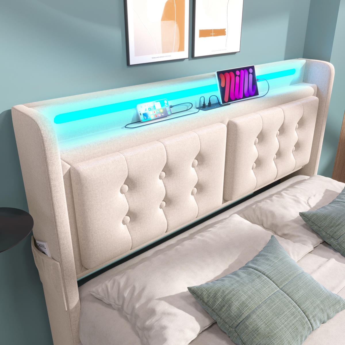 ČALÚNENÁ posteľ 168/220/106 cm béžová, s LED osvetlením, USB-C a úložnými zásuvkami - béžová, textil (160/200cm) - BEAOK
