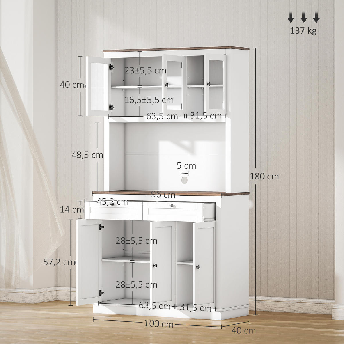KÜCHENSCHRANK Weiß, 6 Türen, 2 Schubladen, 100/40/180 cm - Weiß, Holzwerkstoff (100/180/40cm) - PANGIVO
