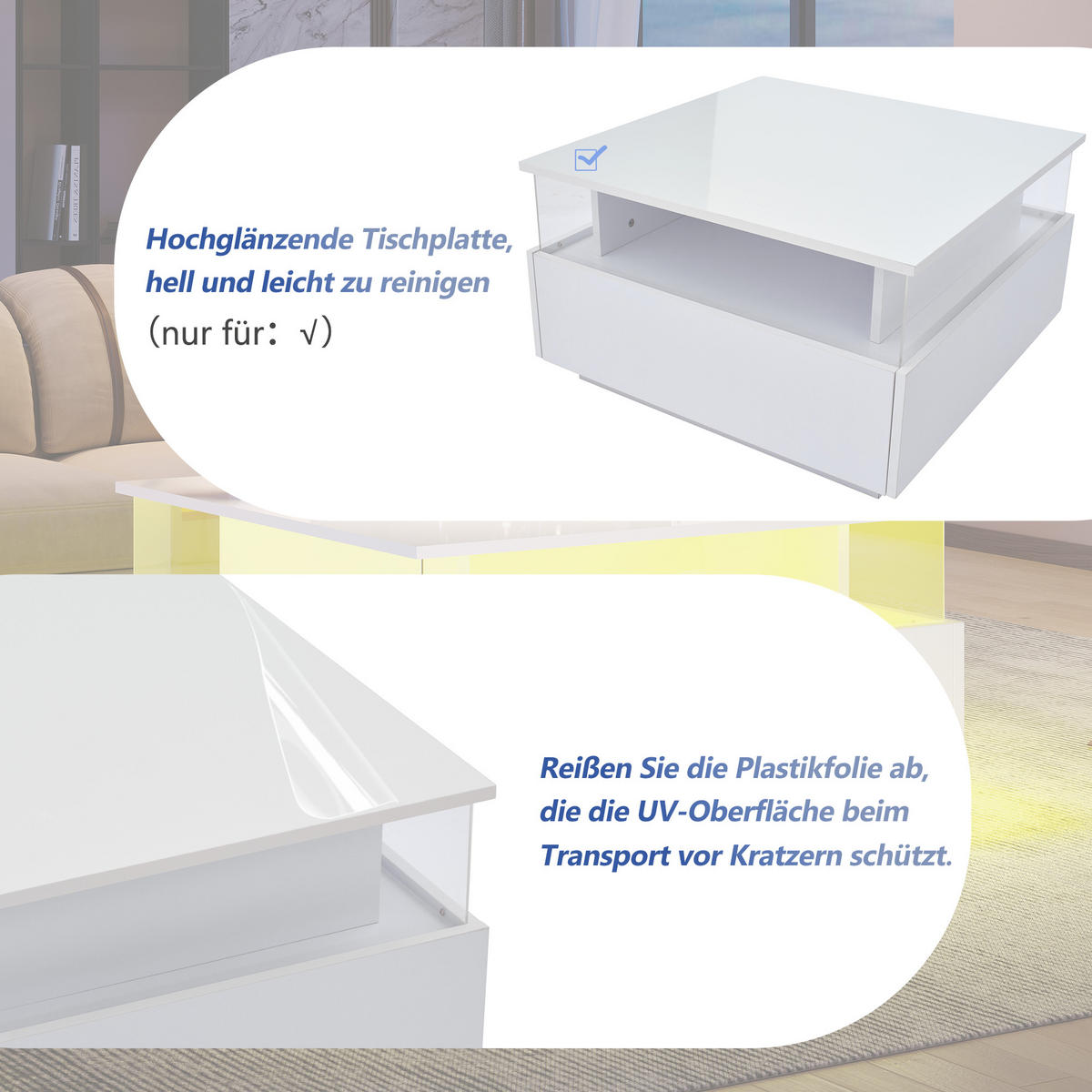 COUCHTISCH DE-110 LED Hochglanz Weiß - Weiß, Holzwerkstoff (70/70/41cm) - ComfortXL