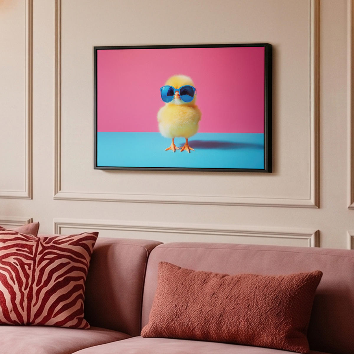 LEINWAND Bilder mit Rahmen - Chick - Sonnenbrille - Blau - 60x40 - Pink, Textil (60/40cm) - MuchoWow