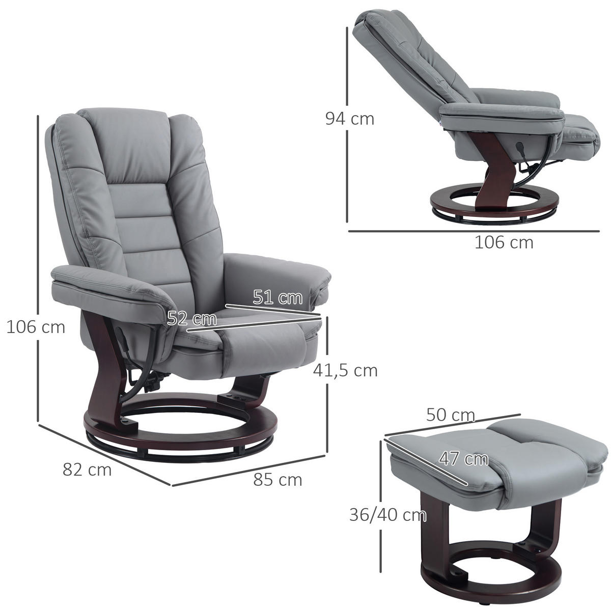 RELAXSESSEL mit Hocker 360°Drehbarer Fernsehsessel mit Liegefunktion Kunstleder - Braun/Grau, Leder/Holz (82/106/85cm) - HOMCOM