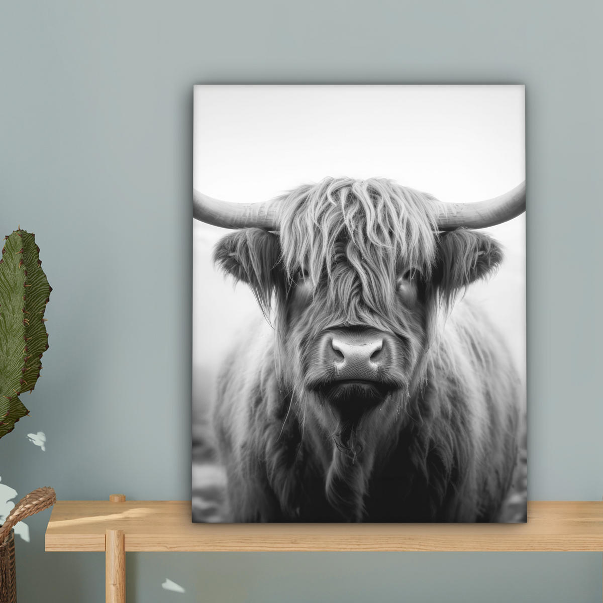 LEINWANDBILD - Schottischer Highlander - Nebel - Schwarz - Weiß - 30x40 - Bilder - Grau, Textil (30/40cm) - MuchoWow