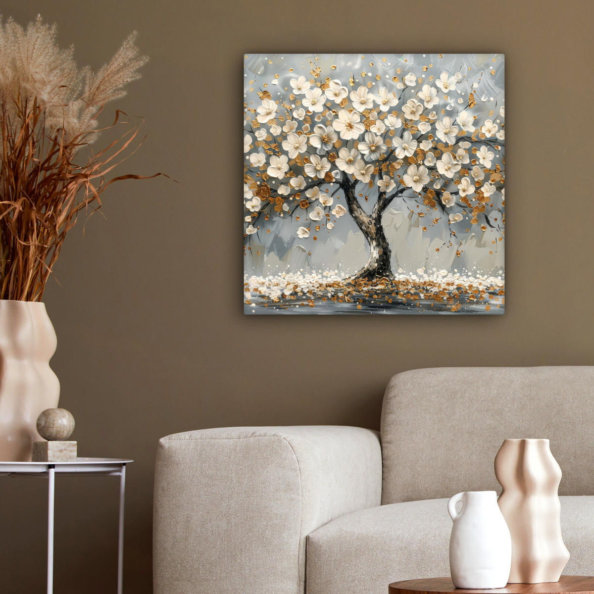 LEINWANDBILD Baum - Blumen - Weiß - Natur - Kunst 50x50 cm - Weiß, Textil (50/50cm) - MuchoWow