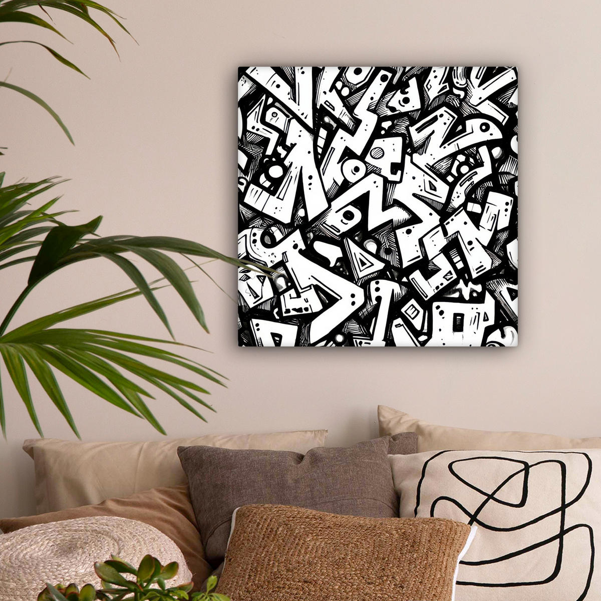 LEINWANDBILD Formen - Buchstaben - Graffiti - Schwarz Wandbild Wohnzimmer 50x50 cm - Schwarz, Textil (50/50cm) - MuchoWow