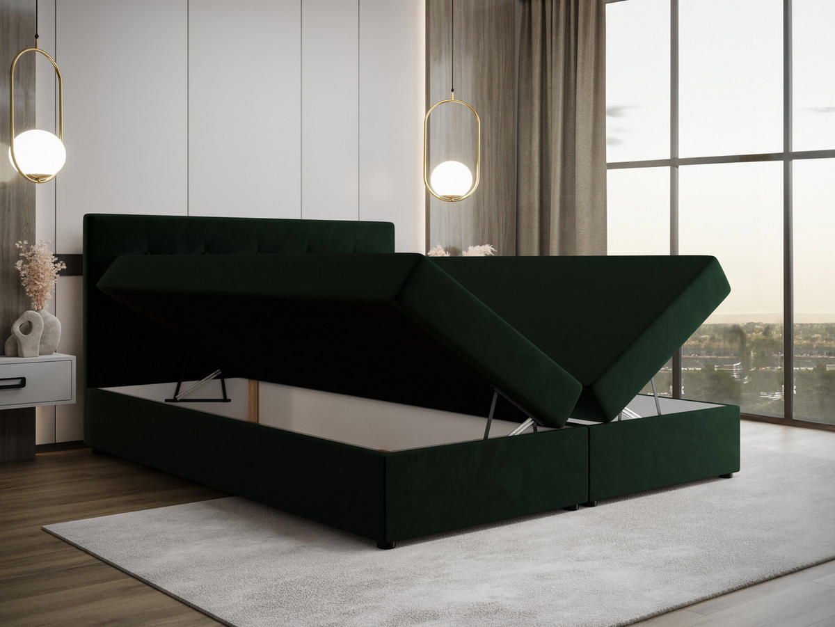 BOXBETT FADO 22 mit Matratze H3, Bonell und Topper 160x200 Itaka 10 - Grün, Holz/Textil (160/200cm) - Bedante
