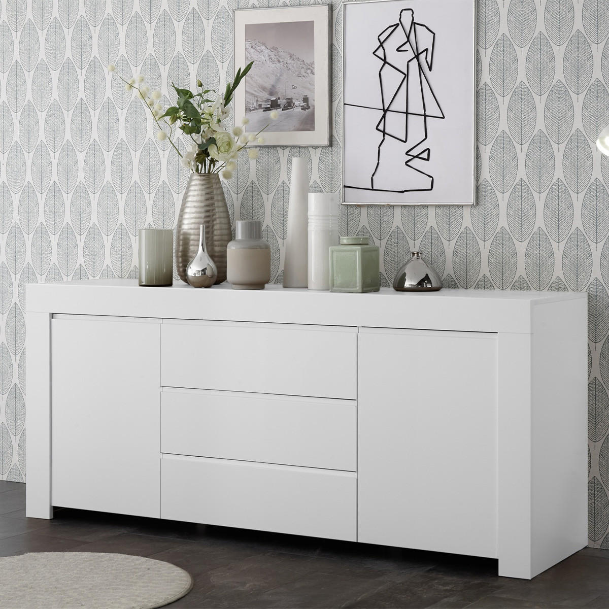 SIDEBOARD mit 2 Türen und 3 Schubladen L184 cm - Firenze - Weiß, Holzwerkstoff (184/81/42cm) - Calicosy