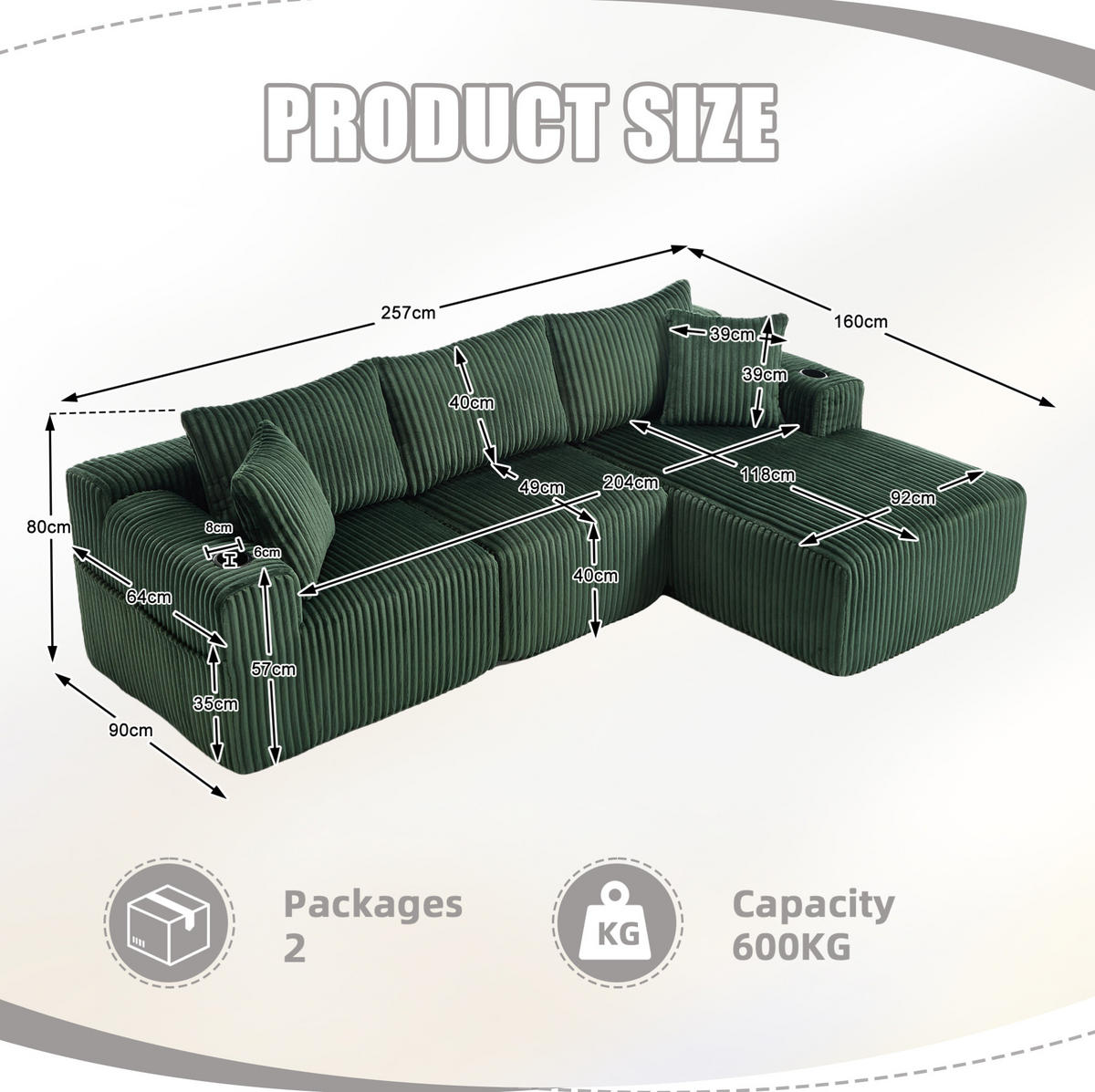 MODULARES Sofa-Set Cord mit Chaiselongue Taschen und Getränkehalter 257/90 160/62 cm Smaragdgrün - Smaragdgrün, Textil (160/257cm) - Redom