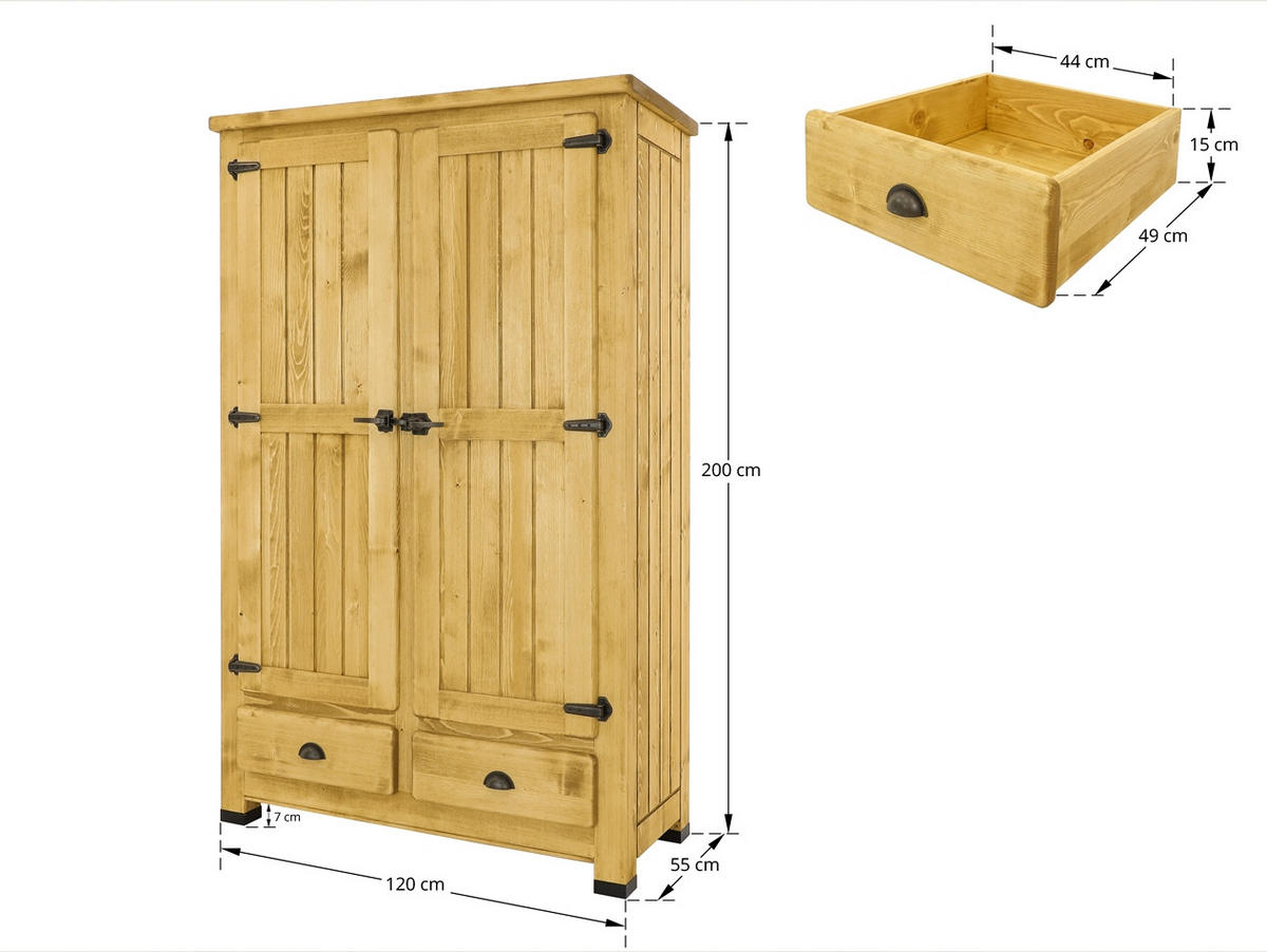 KLEIDERSCHRANK aus Massivholz VINTAGE - Honig, Holz (125/200/56cm) - Seart