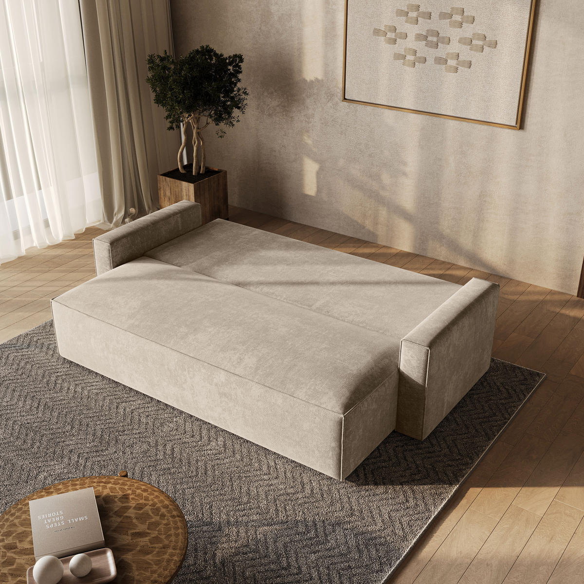BETTSOFA MENI LM Creme Chenille-Stoff mit Schlaffunktion - Creme, Textil (232/85/87cm) - MASSENO