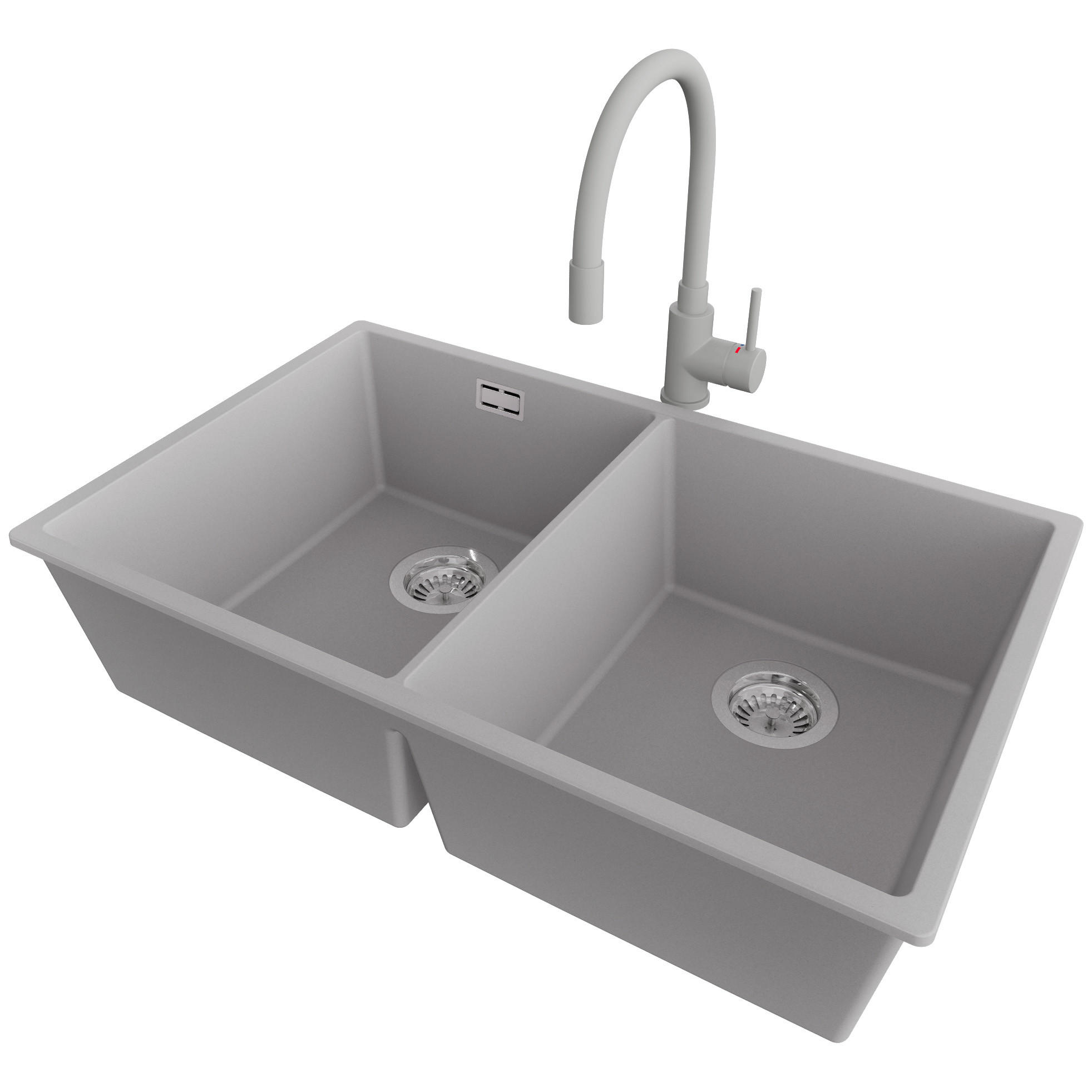 UNTERBAUSPÜLE GRANIT London Twin, 2-er set Grau 76/47 cm 2 Becken + Küchenarmatur 38/14 cm + Ablauf-Set ab 80er Unterschrank - Chromfarben/Grau, Kunststoff (76/20/47cm) - Primagran