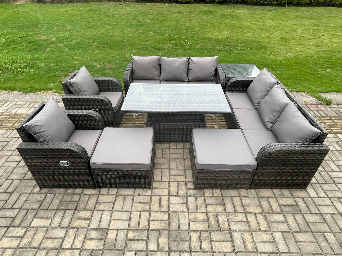 SITZGRUPPE GARTENSET MIT HOCKER Polyrattan Patio 10-Sitzer - Dunkelgrau/Grau, Glas/Kunststoff - Fimous