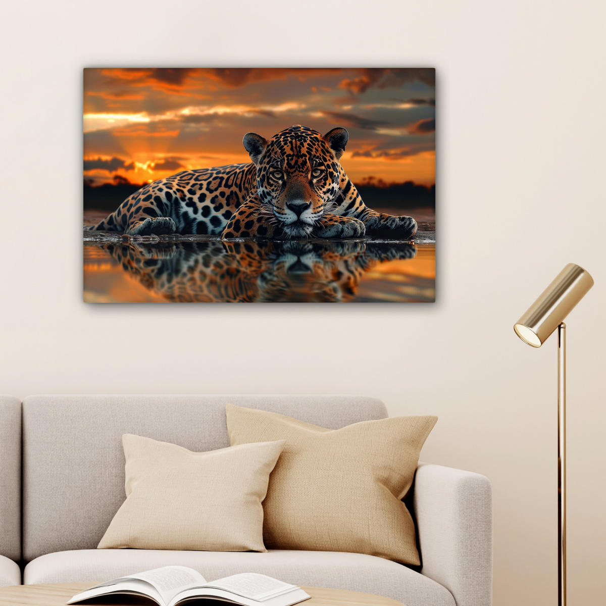 LEINWANDBILD Natur - Leopard - Tier - Sonnenuntergang - Modern Wanddeko 90x60 cm - Orange, Textil (90/60cm) - MuchoWow